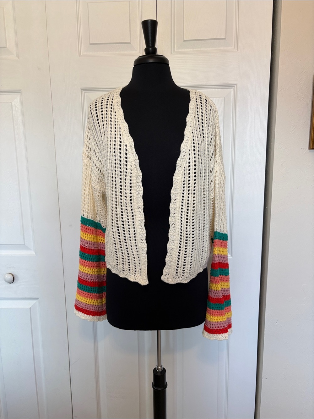 NWT Very J Cream Crochet Open Cardigan with Multicolor Striped Sleeves.Size S.